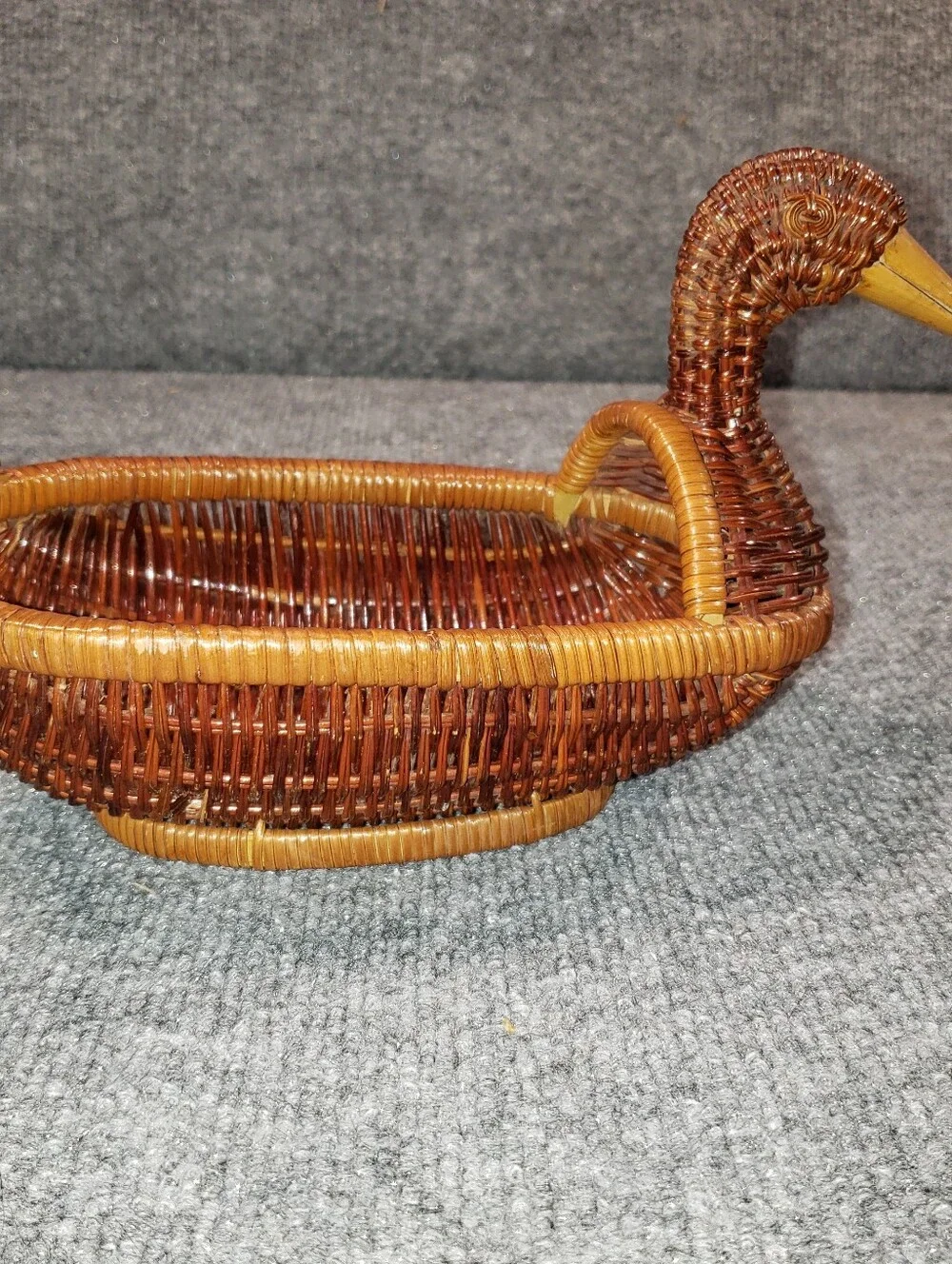 Vintage Duck Shape Woven Wicker Basket With Wooden Beak 9